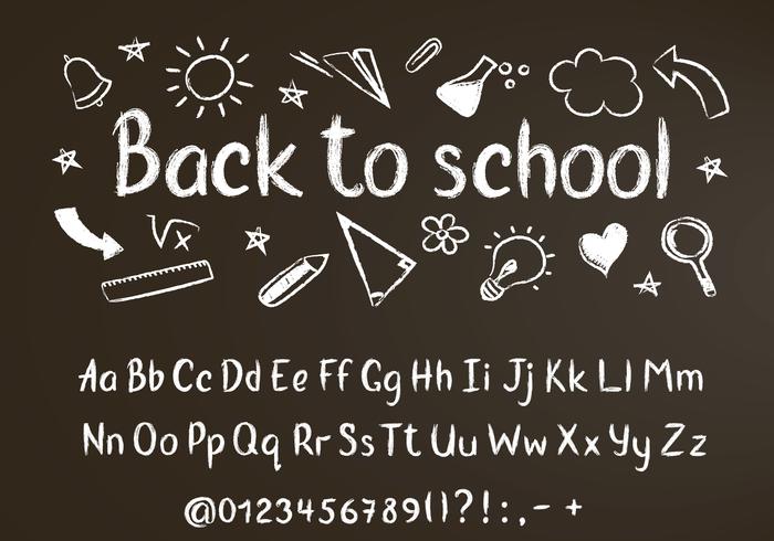 Back to school chalk text on blackboard with school doodle elements and chalk alphabet, numbers and punctuation marks.  vector