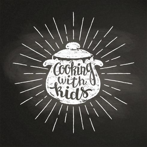 Chalk silhoutte of boiling pan with sun rays and lettering - Cooking with kids - on blackboard. Good for cooking logotypes, bades, menu design or posters. vector