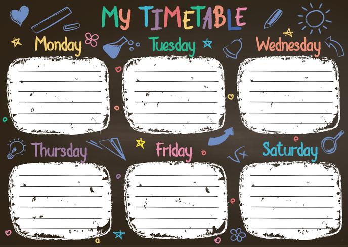 School timetable template on chalk board  with hand written colored chalk text. Weekly lessons shedule in sketchy style decorated with hand drawn school doodles on blackbord. vector