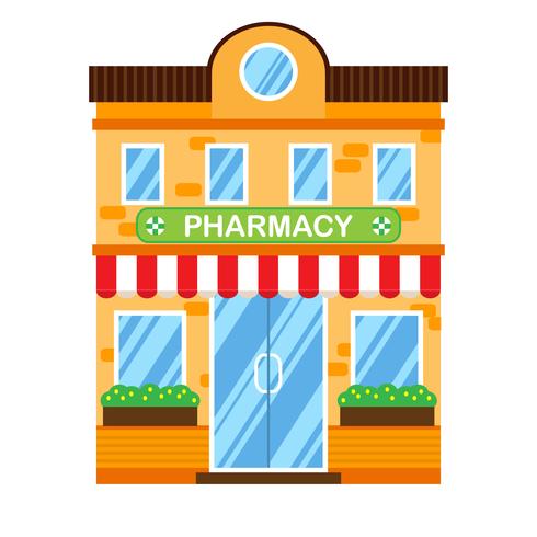 Vector illustration of retro building with pharmacy. Facade of a retro house in flat style. Two storey town building with pharmacy.