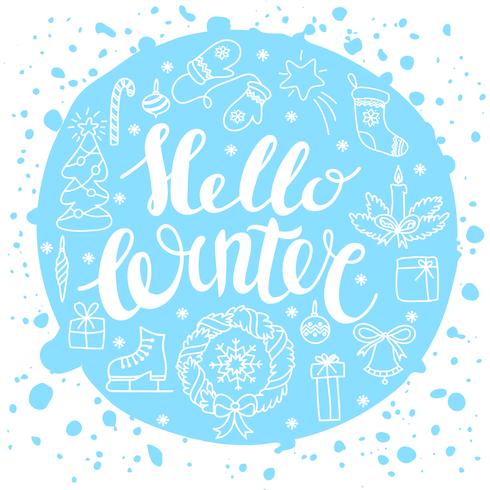 Hello winter handlettering with christmas elements. Winter season card, greeting vector