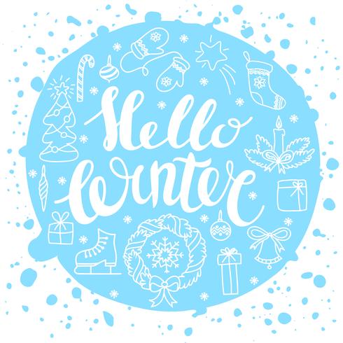 Hola invierno handlettering con elementos navideños. Tarjeta de temporada de invierno, saludo. vector