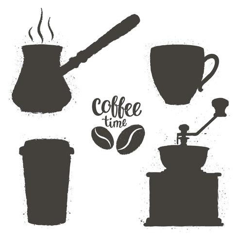 Vintage coffee objects  set. Silhouettes of coffee cups, grinder, pot with beans logo and lettering. Coffee time collection. vector