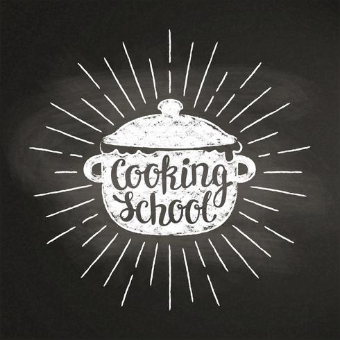 Chalk silhoutte of boiling pan with sun rays and lettering - Cooking with kids - on blackboard. Good for cooking logotypes, bades, menu design or posters. vector