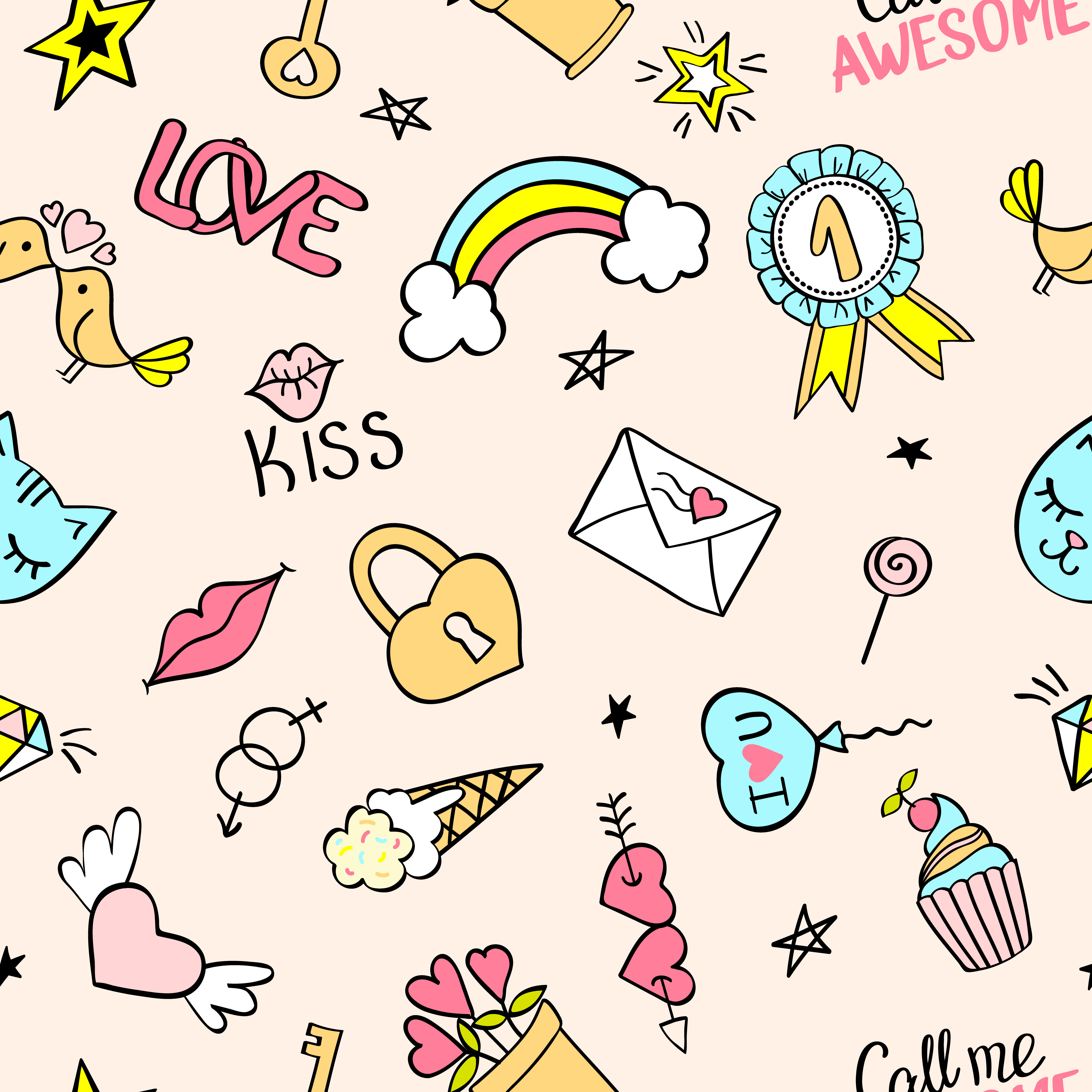Seamless pattern with hand drawn girly doodles Repeating 