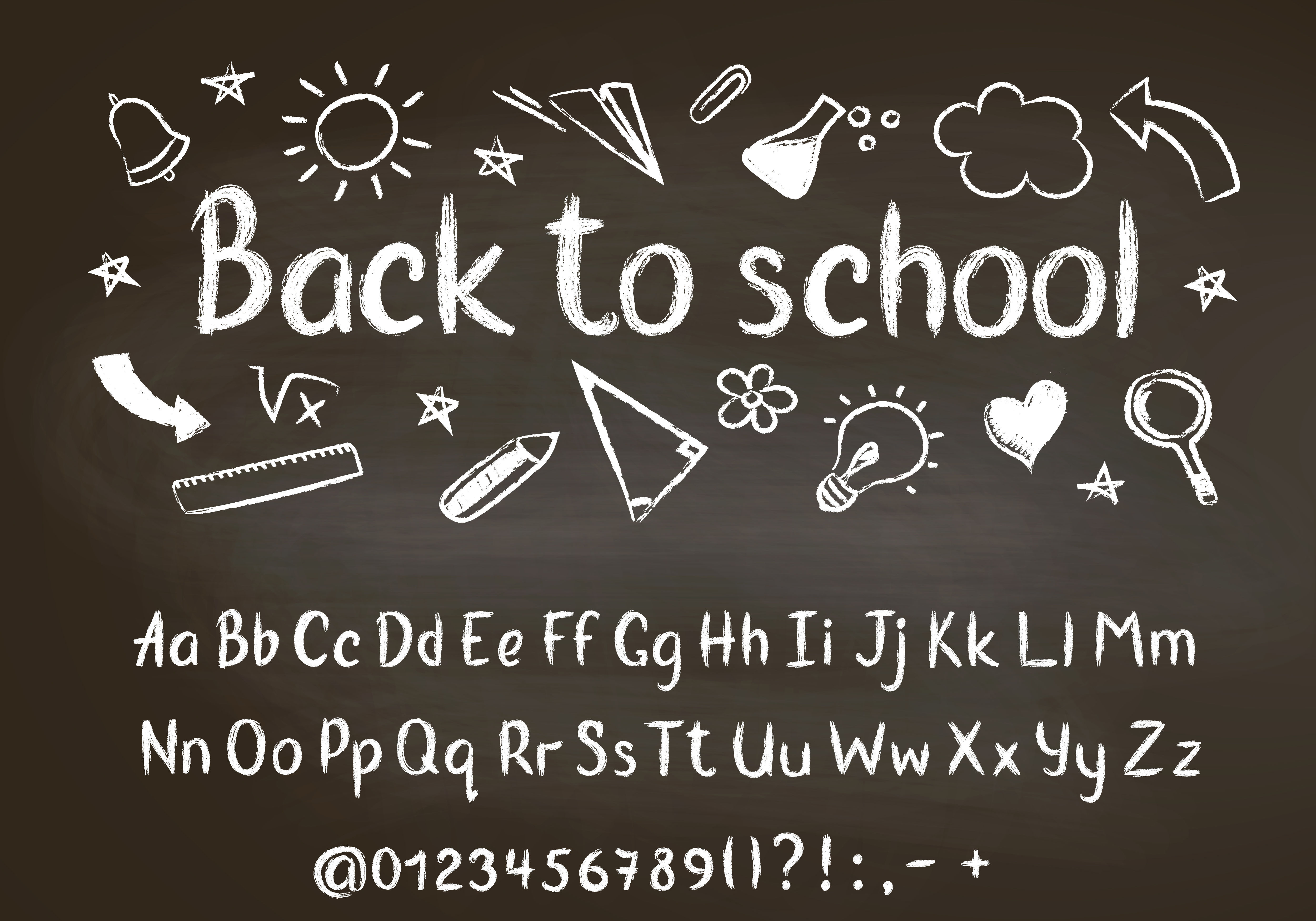 Back to school chalk text on blackboard with school doodle elements and