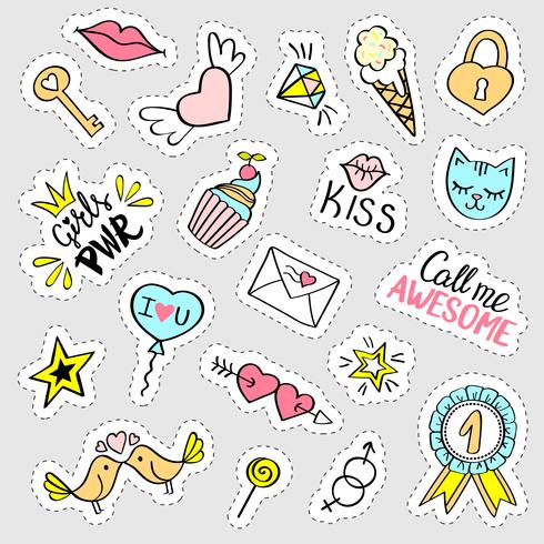 Fashion girly stickers set.  Collection of hand drawn fancy doodle pins, badges. Vector trendy illustration.