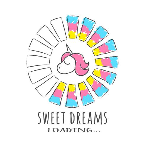 Progress bar with inscription - Sweet Dreams loading and unicorn in sketchy style. Vector illustration for t-shirt design, poster or card.