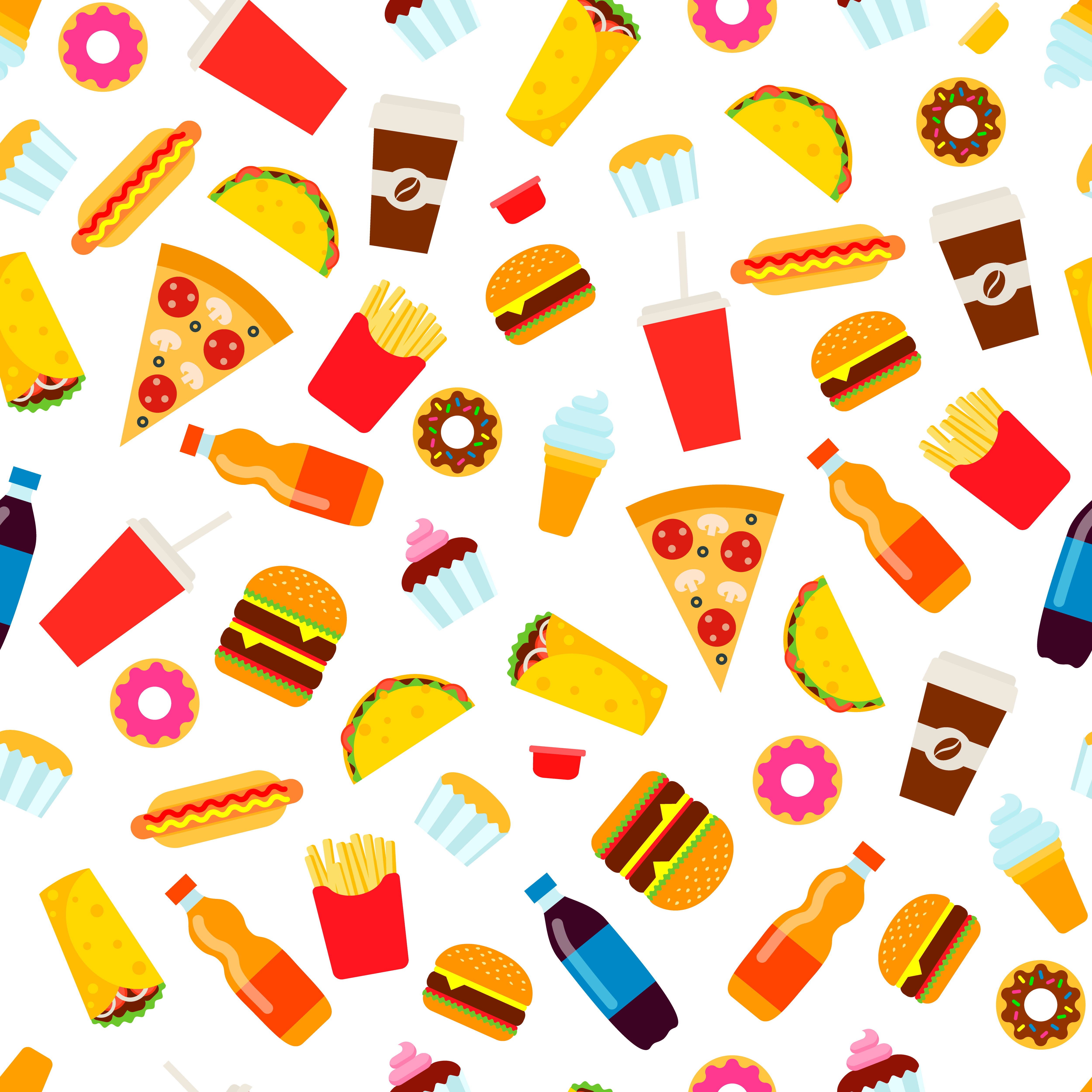 Colorful Fast Food Seamless Pattern Junk Food Vector Repeating Background For Textile Design Wrapping Paper Wallpaper Download Free Vectors Clipart Graphics Vector Art