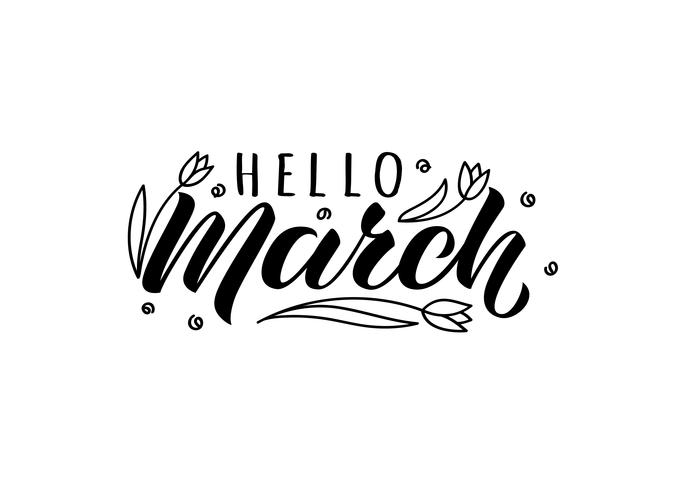 Hola marzo mano tarjeta de letras dibujadas con tulipanes doodle. Cita de primavera inspiradora. Estampado motivacional para invitaciones o tarjetas de felicitación, folletos, carteles, camisetas, tazas. vector