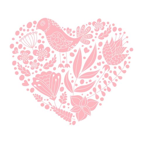 Doodle de aves y elementos florales en forma de corazón vector