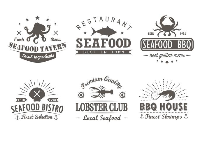 Conjunto de mariscos vintage, barbacoa, plantillas de logotipo de parrilla, insignias y elementos de diseño. Colección de logotipos para marisquería, cafetería, restaurante. Ilustracion vectorial Hipster y estilo retro. vector