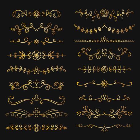 Collection of golden hand drawn flourish text dividers. Doodle gold botanical borders for typography design, invitations, greeting cards. Calligraphic and floral design elements. vector
