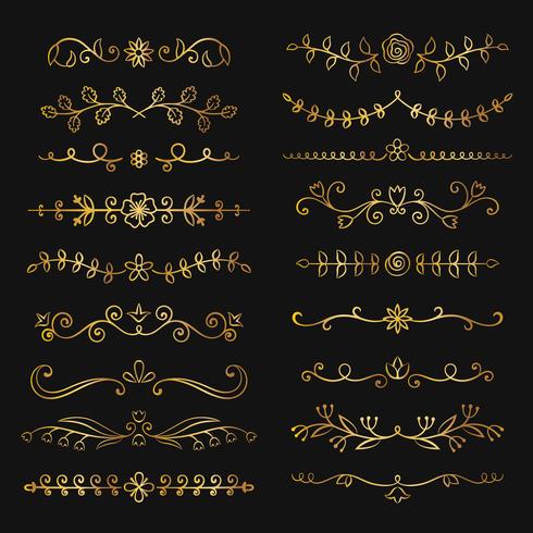 Collection of golden hand drawn flourish text dividers. Doodle gold botanical borders for typography design, invitations, greeting cards. Calligraphic and floral design elements. vector