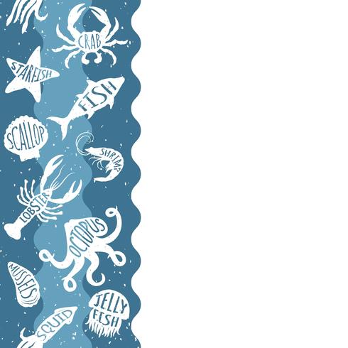 Vertical repeating pattern with seafood products. Seafood seamless banner with underwater animals. Tile design for restaurant menu, fish food industry or market shop. vector