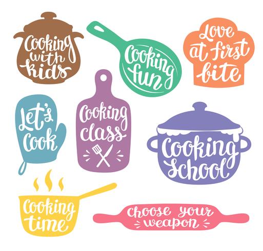 Colección de siluetas de colores para cocinar etiqueta o logo. Ilustración de vector de cocina con letras escritas a mano, caligrafía. Cocinero, cocinero, icono o logo de utensilios de cocina.