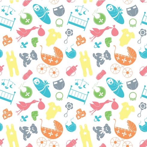 Vector seamless pattern with baby elements. Newborn clothes and accessories repeating background in doodle style for textile, wrapping paper, scrapbooking.