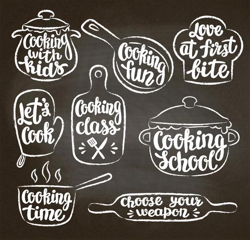 Collection of chalk textured contoured cooking label or logo on blackboard. Hand written lettering, calligraphy cooking vector illustration. Cook, chef, kitchen utensils icon or logo.