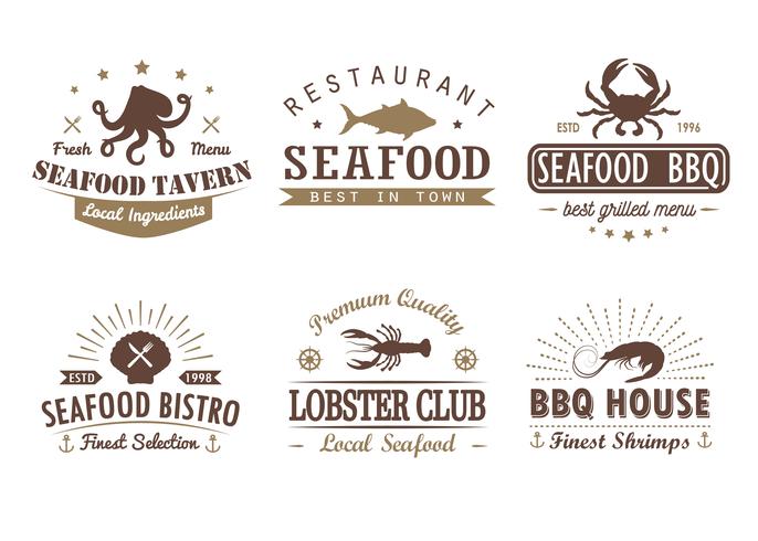 Set of vintage seafood, barbecue, grill logo templates, badges and design elements. Logotypes collection for seafood shop, cafe, restaurant. Vector illustration. Hipster and retro style.