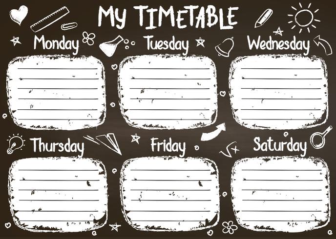 School timetable template on chalk board  with hand written chalk text. Weekly lessons shedule in sketchy style decorated with hand drawn school doodles on blackbord. vector