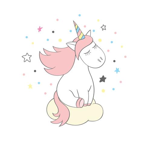 Unicornio lindo mágico en estilo de dibujos animados. Doodle Unicorn para tarjetas, posters, estampados de camisetas, diseño textil. vector