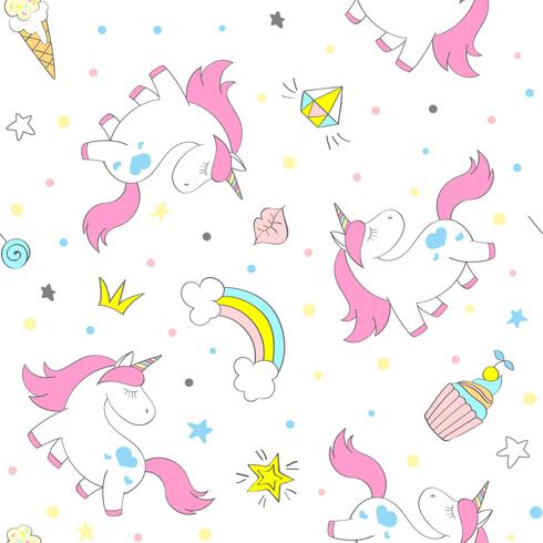 Patrón de unicornio de vector inconsútil para textiles de niños, estampados, papel de pared, sccrapbooking. Garabatee el unicornio lindo con los elementos del doodle que repiten el fondo.