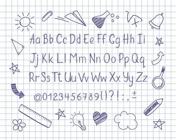 Alphabet in sketchy style with school doodles on copybook sheet. Vector handwritten pencil letters, numbers and punctuation marks. Ink pen handwriting font and doodle design elements.