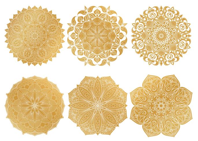Set of 6 hand-drawn gold Arabic mandala on white background.Ethnic ornament. vector