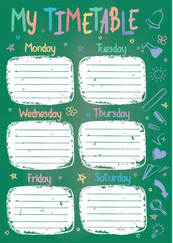 La plantilla del calendario de la escuela en el tablero de tiza con la mano escrita colorea el texto de la tiza. Programa semanal de lecciones en estilo incompleto decorado con garabatos escolares dibujados a mano en tablero verde. vector