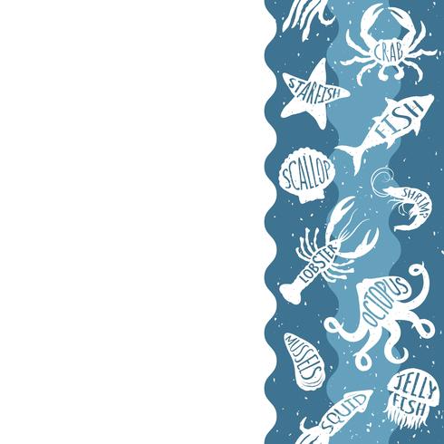 Vertical repeating pattern with seafood products. Seafood seamless banner with underwater animals. Tile design for restaurant menu, fish food industry or market shop. vector