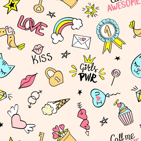 Seamless pattern with hand drawn girly doodles. Repeating background with childish sketch design elements for textile, wallpaper, scrapbooking. vector