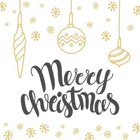 Christmas card design with lettering Merry Christmas and hand drawn illustrations. Vector holiday template. Holiday calligraphy - Christmas design element.