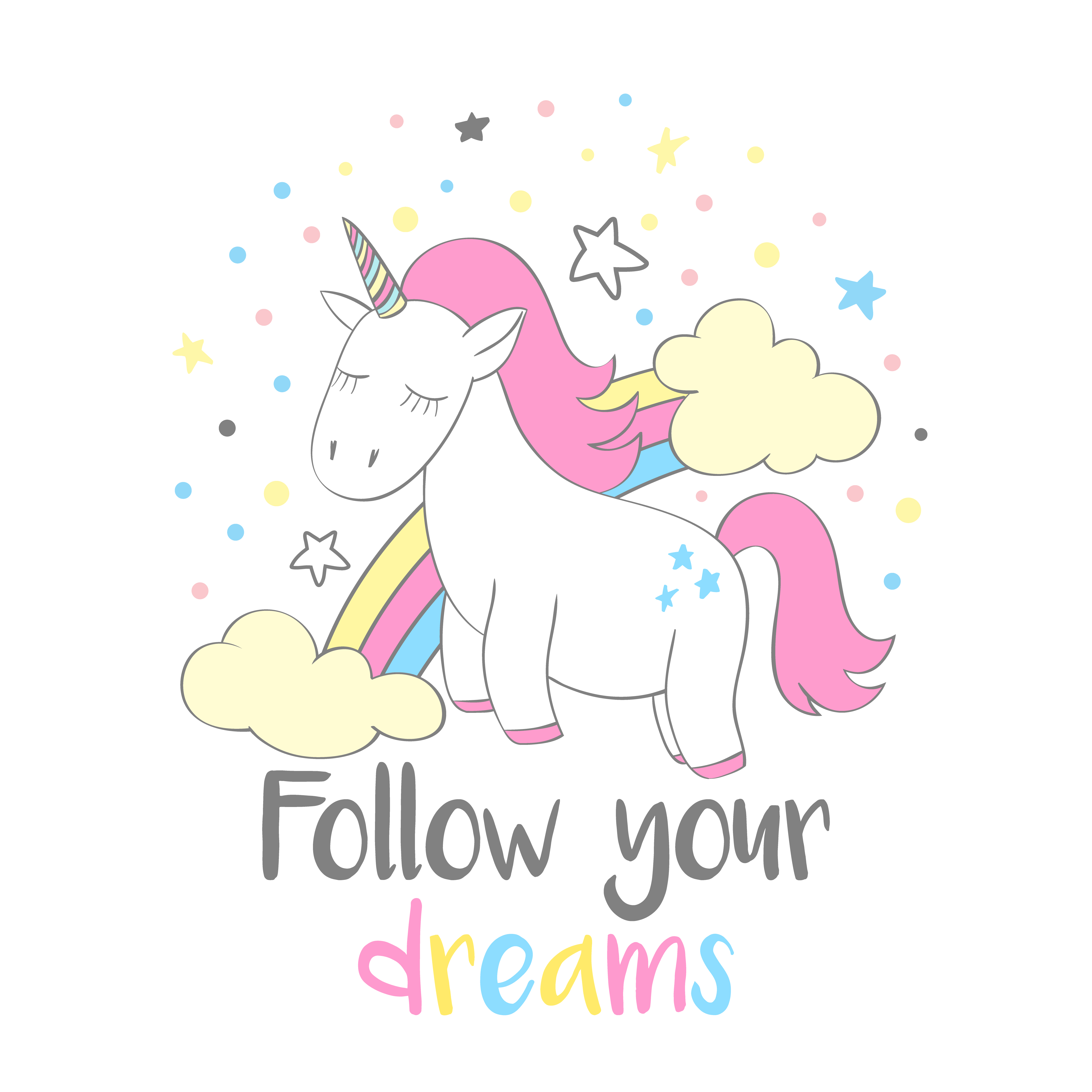magic cute unicorn in cartoon style with hand lettering