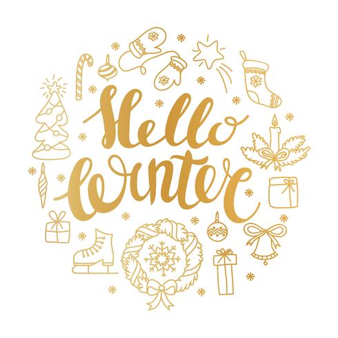 Hola invierno handlettering con elementos navideños. Tarjeta de temporada de invierno, saludo. vector