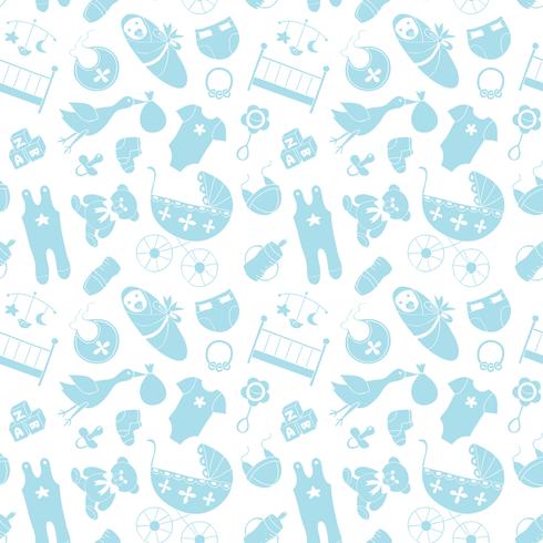 Vector seamless pattern with baby elements. Newborn clothes and accessories repeating background in doodle style for textile, wrapping paper, scrapbooking.