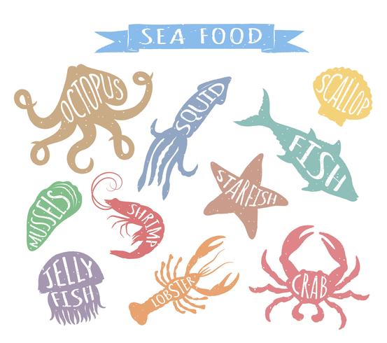 Los mariscos dibujados mano vector colorido ilustraciones aisladas sobre fondo blanco, elementos para diseño de menú de restaurante, decoración, etiqueta.