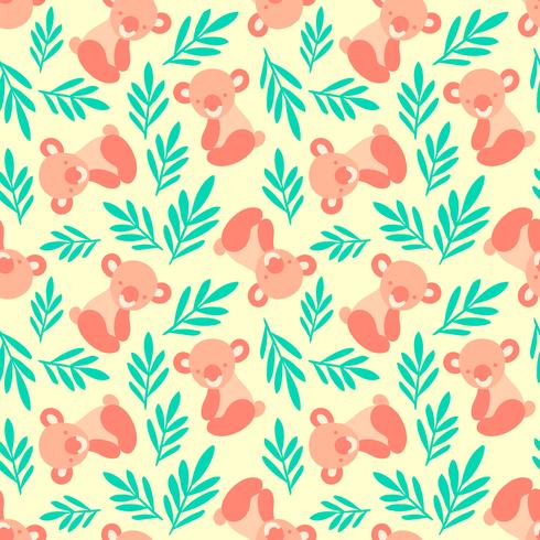 Seamless pattern with cute koala bears and leaves. Repeating background for childrens textile prints, wrapping paper. Kids animal pattern. vector
