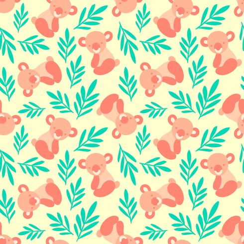 Seamless pattern with cute koala bears and leaves. Repeating background for childrens textile prints, wrapping paper. Kids animal pattern. vector