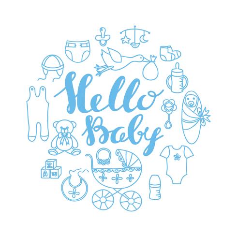 Baby shower celebration greeting and invitation card template with hand lettering Hello Baby and contour baby design elements. vector