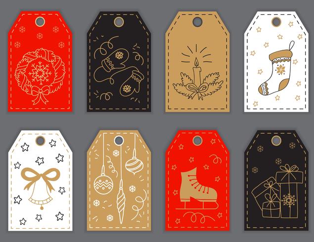 Christmas and New Year gift tags design with hand drawn doodle elements. vector