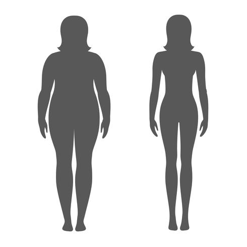 Ilustración vectorial de una mujer antes y después de la pérdida de peso. Silueta del cuerpo femenino Dieta exitosa y concepto de deporte. Chicas delgadas y gordas. vector