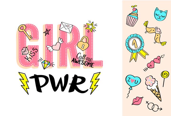 Girl Power lettering with girly doodles and hand drawn phrases for valentines day card design, girl's t-shirt print.  vector