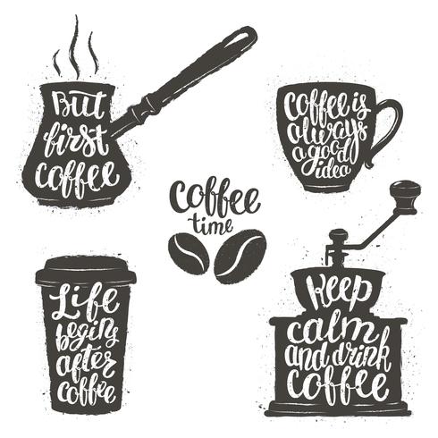 Letras de café en taza, molinillo, formas de olla. Caligrafía moderna cita sobre el café. Objetos de café vintage con frases escritas. vector