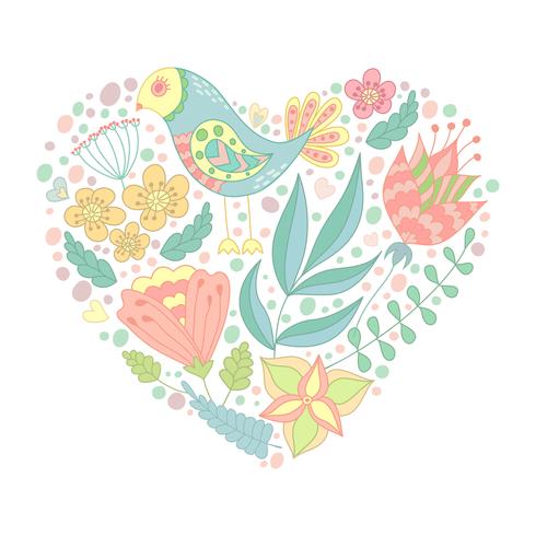 Doodle bird and floral elements in heart shape.  vector