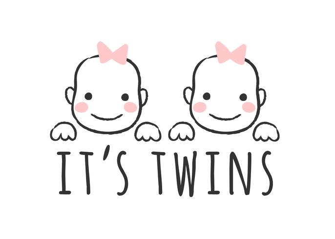 Vector sketched illustration with baby   girl faces and inscription - It's twins  -for baby shower card, t-shirt print or poster. 