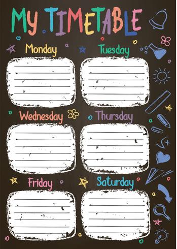 School timetable template on chalk board  with hand written colored chalk text. Weekly lessons shedule in sketchy style decorated with hand drawn school doodles on blackbord. vector