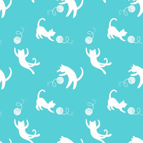 Seamless pattern with cute playing cats on yellow background. vector