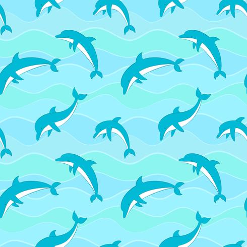 Vector seamless pattern with dolphins on waves background.