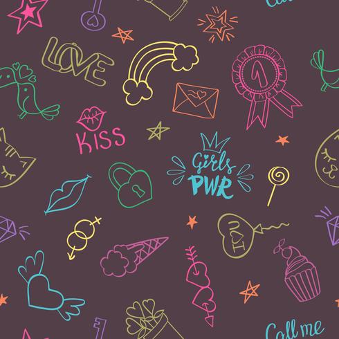 Seamless pattern with hand drawn girly doodles. Repeating background with childish sketch design elements for textile, wallpaper, scrapbooking. vector