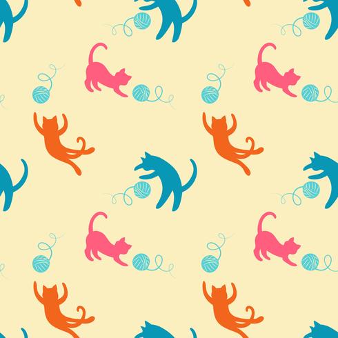 Seamless pattern with cute colored playing cats. Repeating cats background  vector